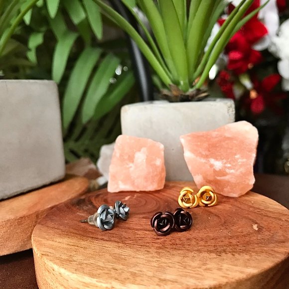 -Multicolor Stud Rose Earrings Trio - Picture 4 of 5